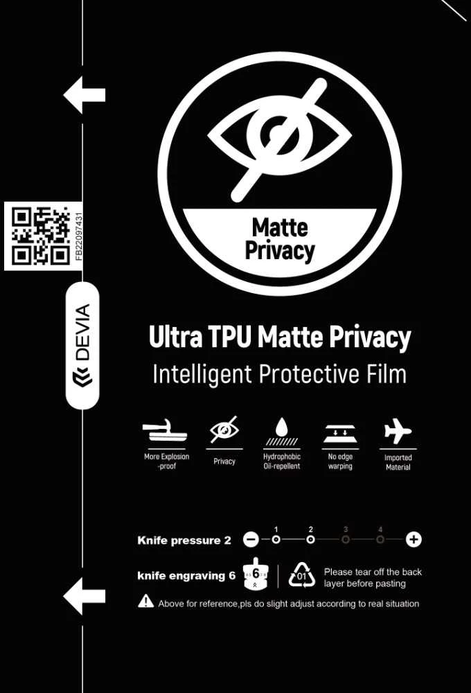 Plėvelių rinkinys karpymo mechanizmui Devia Ultra Intelligent TPU Matte Privacy 20vnt.