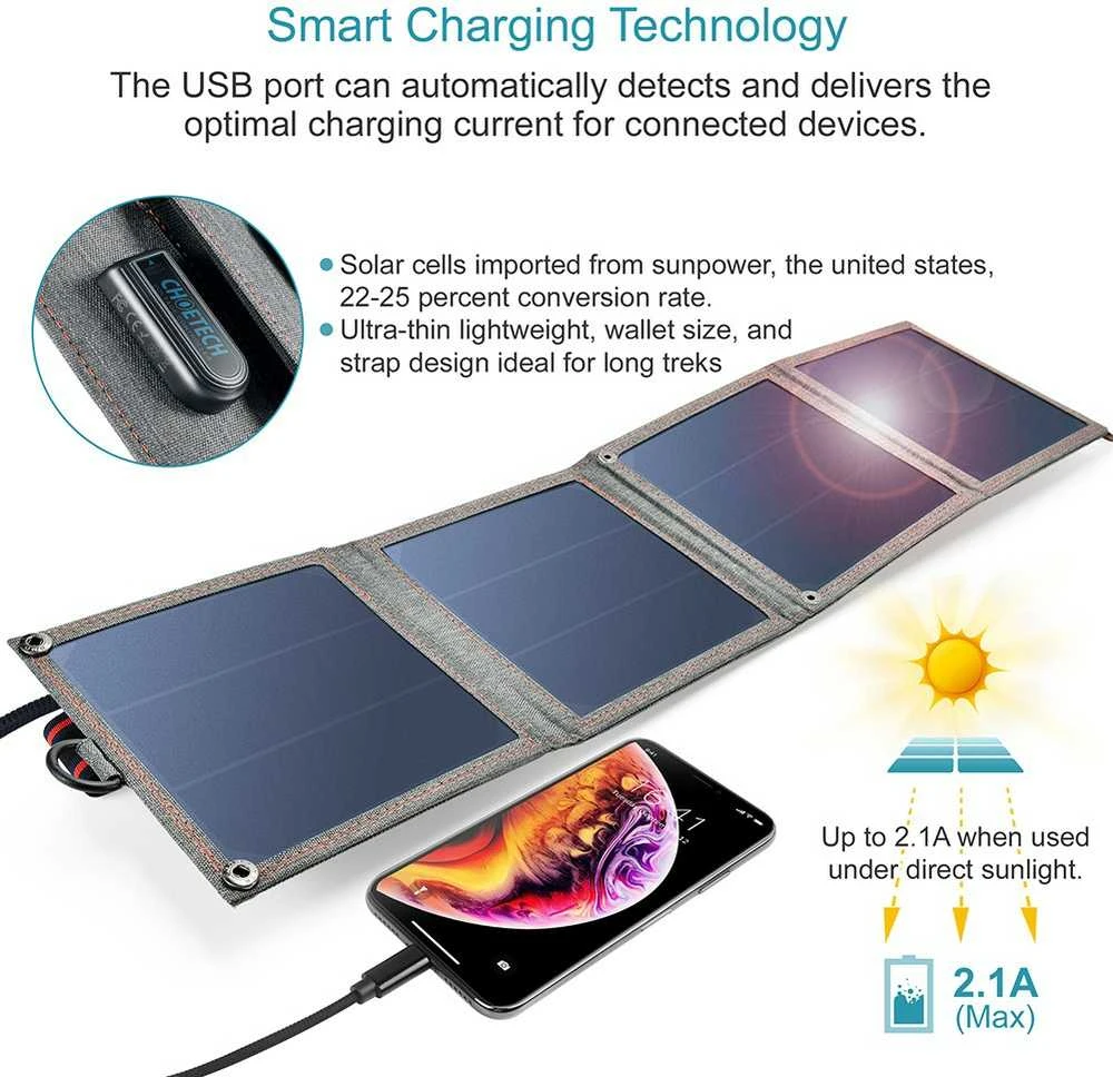 Sulankstomas saulės įkroviklis Choetech SC004 14W, 1xUSB (pilkas)
