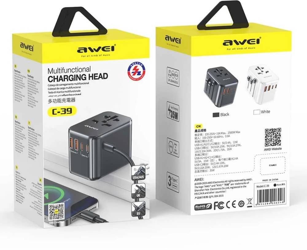 AWEI Laidinis įkroviklis 2xUSB+3xUSB-C C-39 35W4in1 US/AU/EU/UK juodos spalvos Univesal Travel GaN Charger