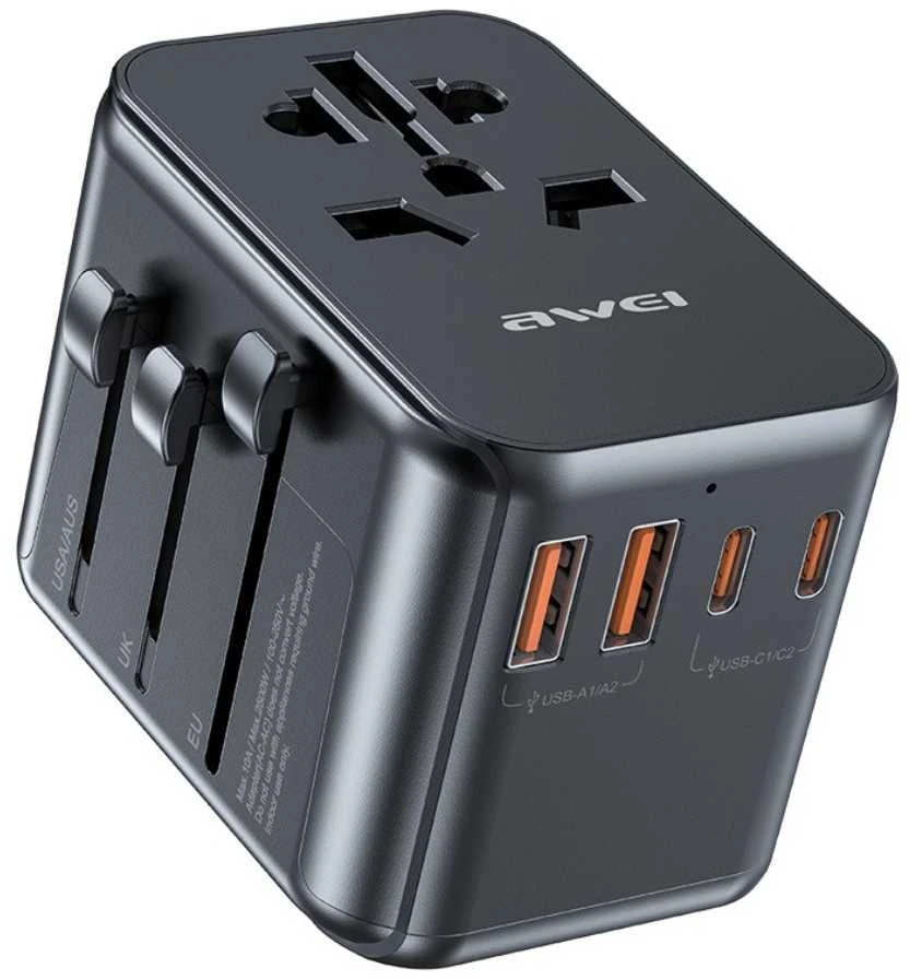 AWEI Laidinis įkroviklis 2xUSB+3xUSB-C C-39 35W4in1 US/AU/EU/UK juodos spalvos Univesal Travel GaN Charger