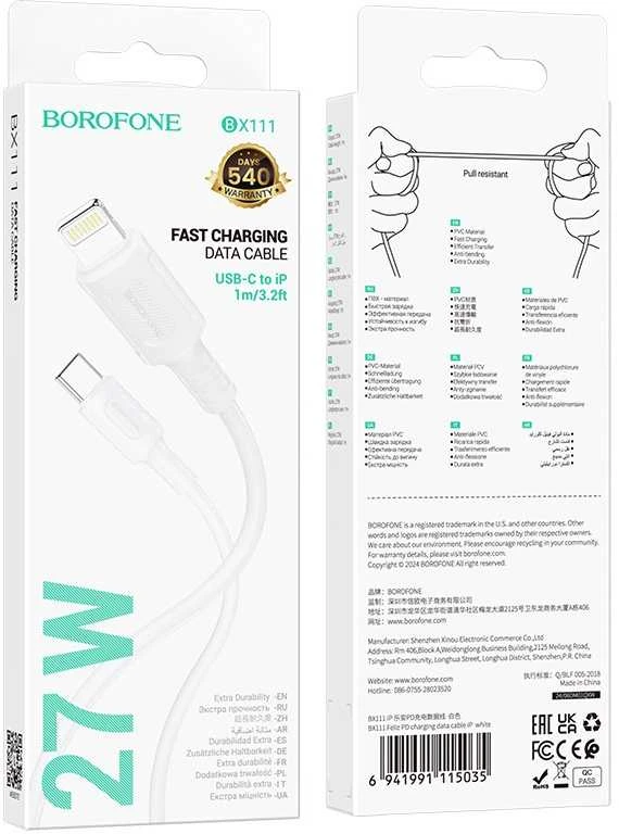 Borofone kabelis BX111 Feliz – Type C į Lightning – PD 27W 1 metras baltos spalvos