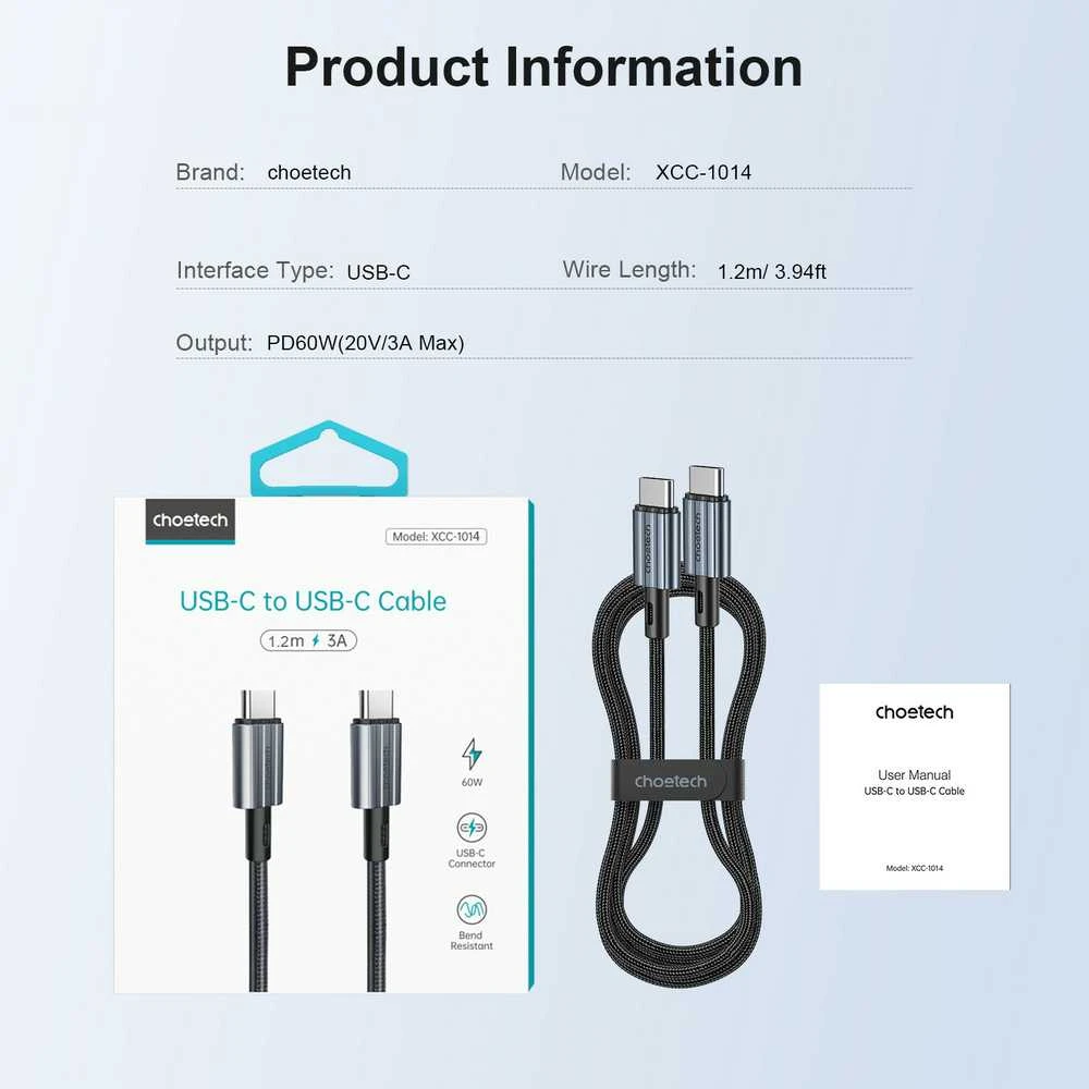 USB-C kabelis su USB-C Choetech XCC-1014, PD 60W 1.2 m (juodas)