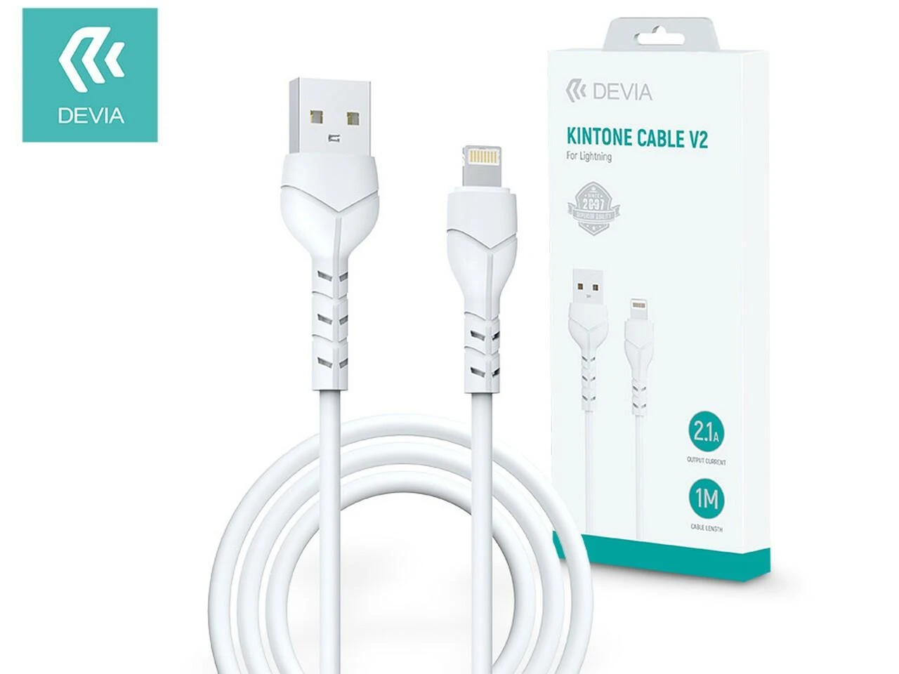 USB laidas Devia Kintone Lightning 1.0m baltas 5V 2.1A