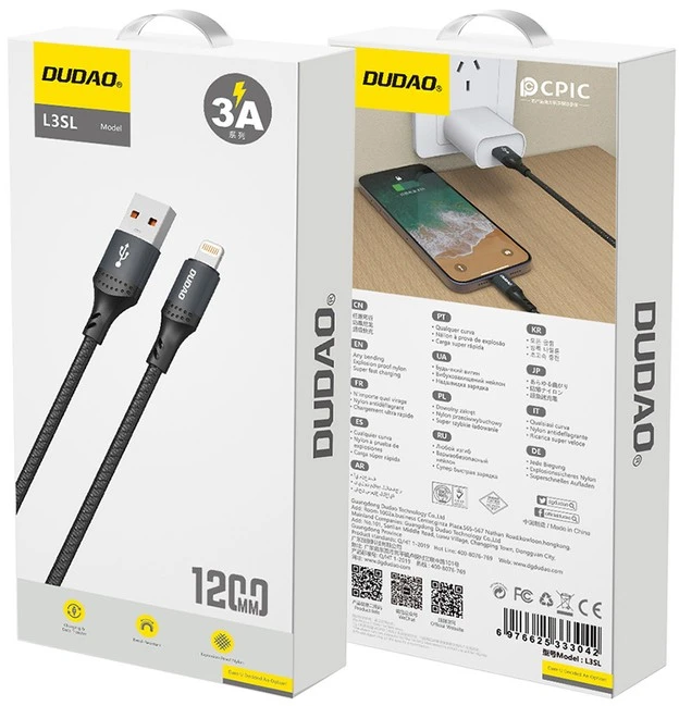 Dudao 3A 30W L3SL USB-A – Lightning kabelis Braided 1.2m – juodos spalvos