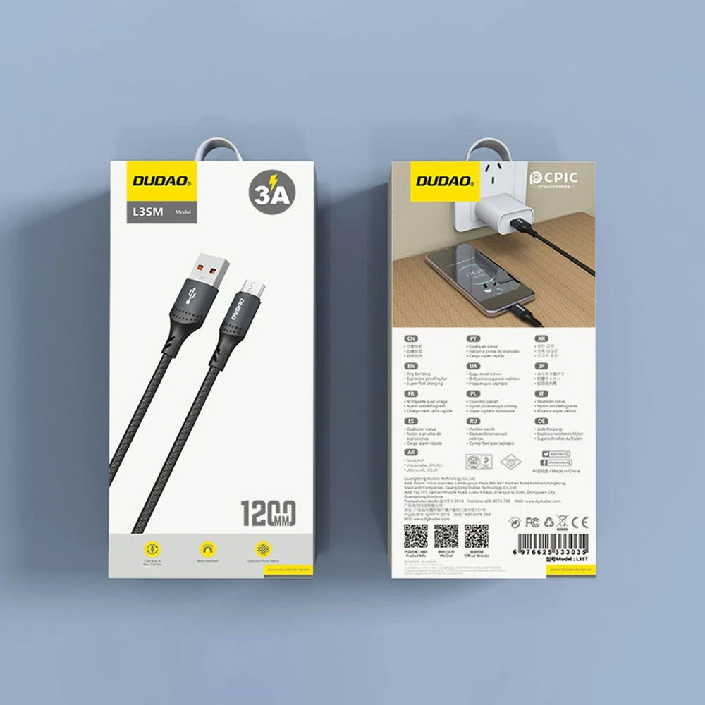 Dudao L3SM USB-A – MicroUSB 3A 1.2m Braided kabelis – juodos spalvos