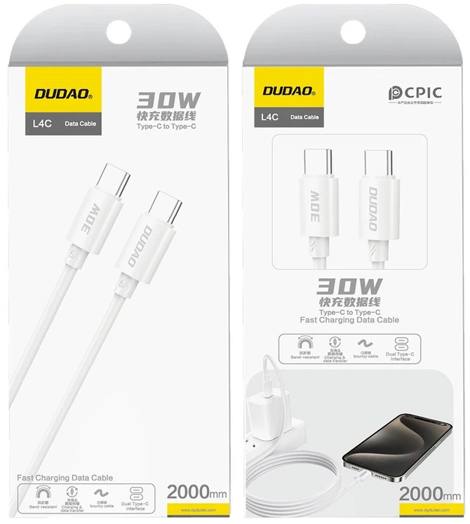 Dudao L4C USB-C / USB-C 30W 2m kabelis – baltos spalvos