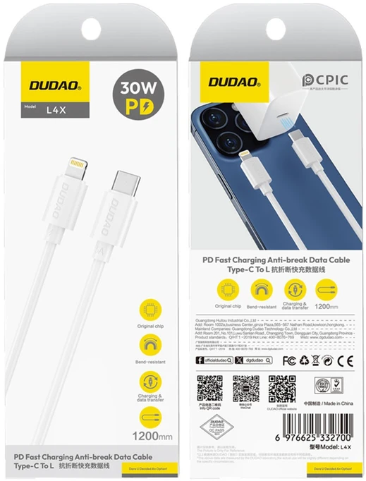 USB kabelis Dudao L4X USB-C to Lightning 30W 1.2m baltas