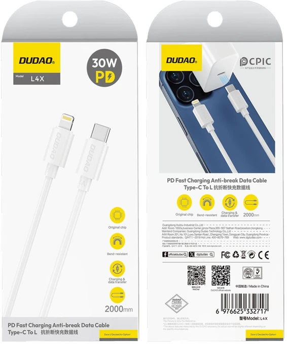 USB kabelis Dudao L4X USB-C to Lightning 30W 2.0m baltas