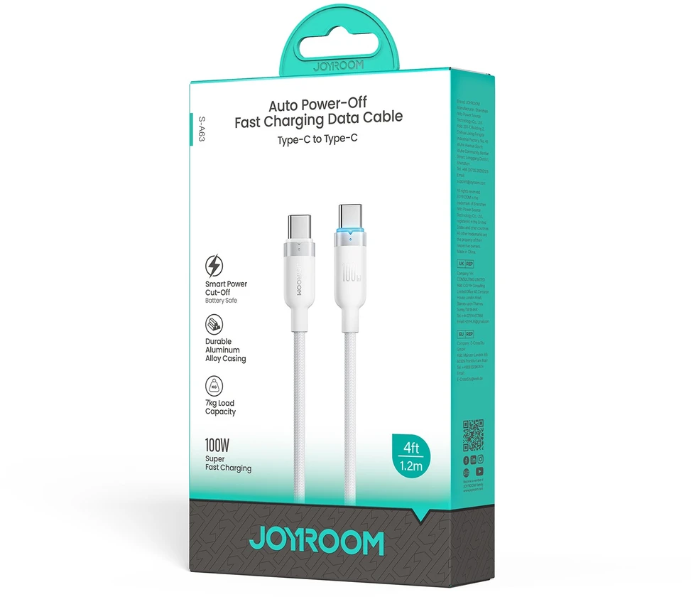 USB kabelis Joyroom S-A63 USB-C to USB-C 100W 1.2m baltas