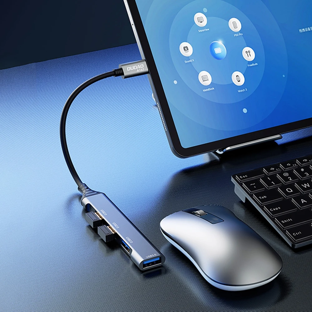 Dudao HUB 4in1 USB-C – 4x USB-A (3 x USB2.0 / USB3.0) 6.3cm juodos spalvos (A16T)