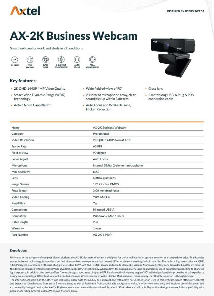 WEB kamera Axtel AX-2K Business Webcam