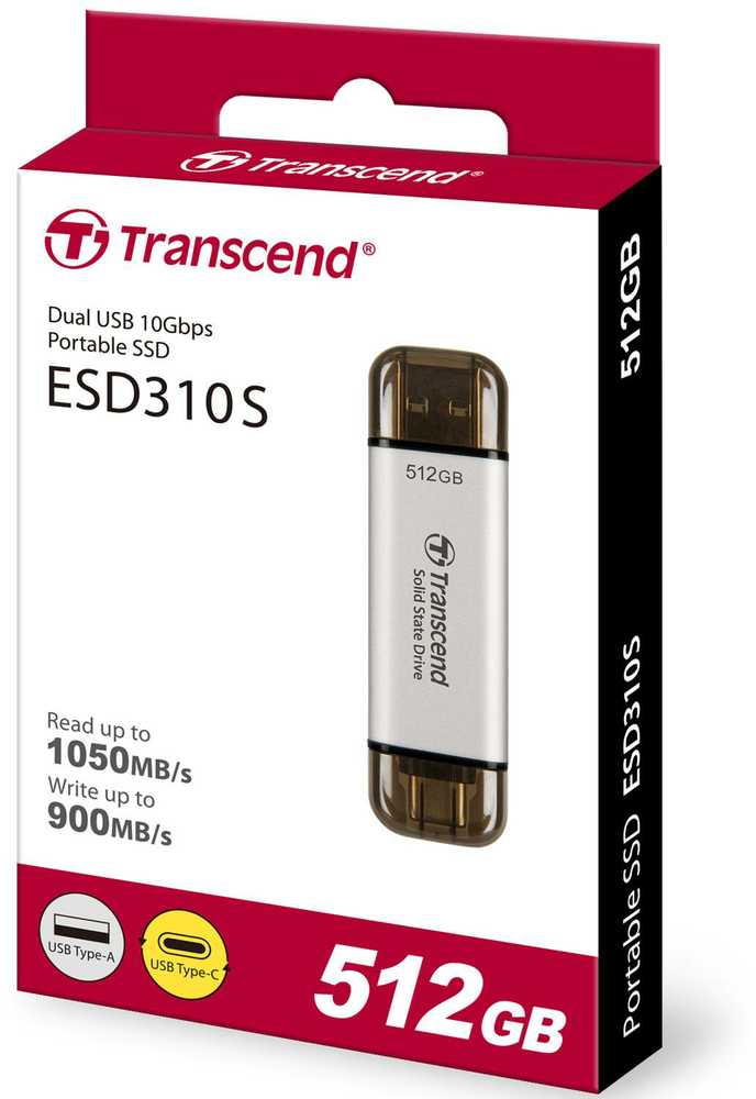 Kietasis diskas Transcend EXTERNAL SSD 512GB ESD310S USB - 10GBPS TYPE C/A Sidabrinis