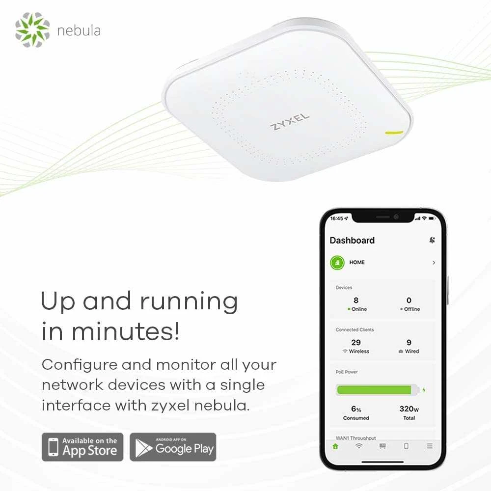 ZYXEL WIFI 6 AP, PRIEIGOS TAŠKAS, NWA50AX AX1800, 2X2 MU-MIMO, POE+ (802.3AT), AUTONOMINIS / NEBULA DEBESINIS VALDYMAS, ĮSKAITANT MAITINIMO ADAPTERĮ (2 METŲ GARANTIJA)