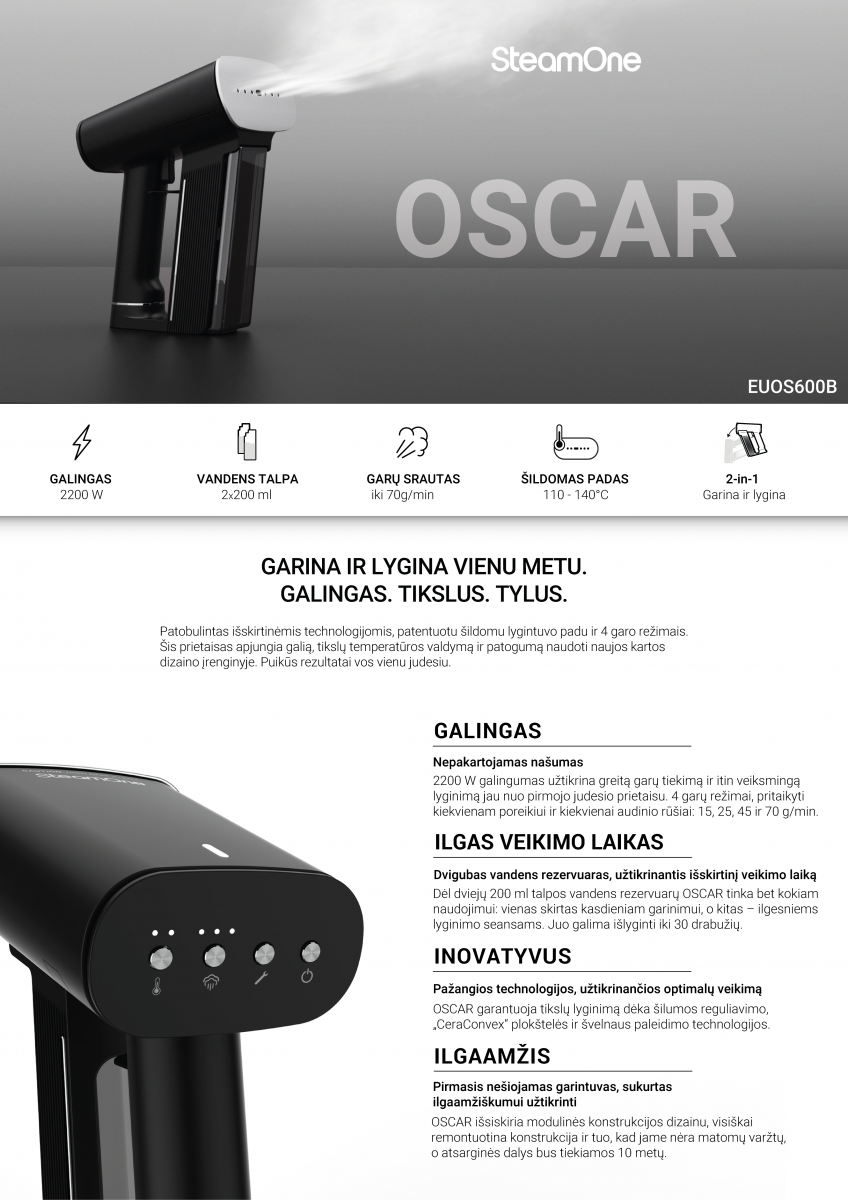 SteamOne OSCAR garintuvas, juodas aprašymas - Prekės nuotrauka