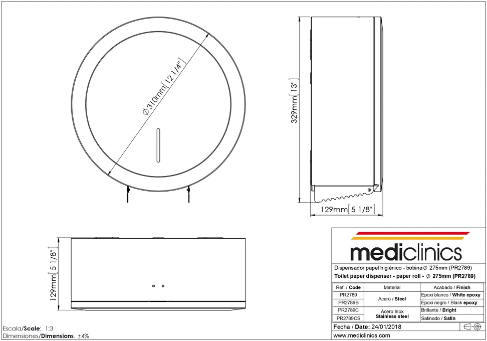 MEDICLINICS CS 3 vt. tualetinio pop. dozatorius 27,5Øcm, satino