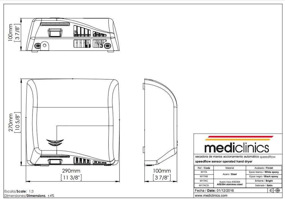 MEDICLINICS M17ACS Speedflow rankų džiovintuvas, Satinas