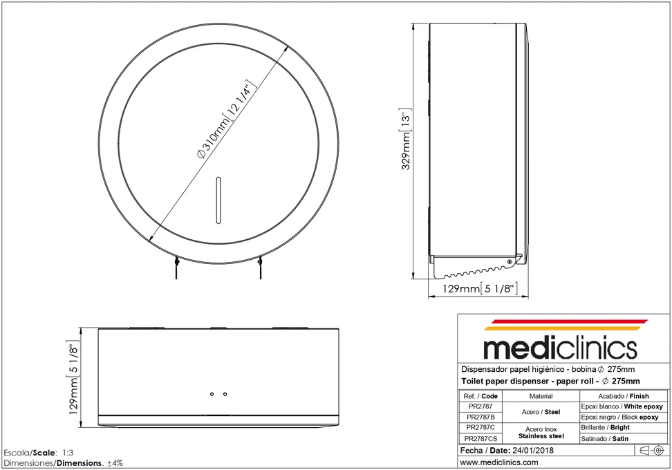 MEDICLINICS PR2787CS tualetinio pop. dozatorius 27,5Øcm, satino