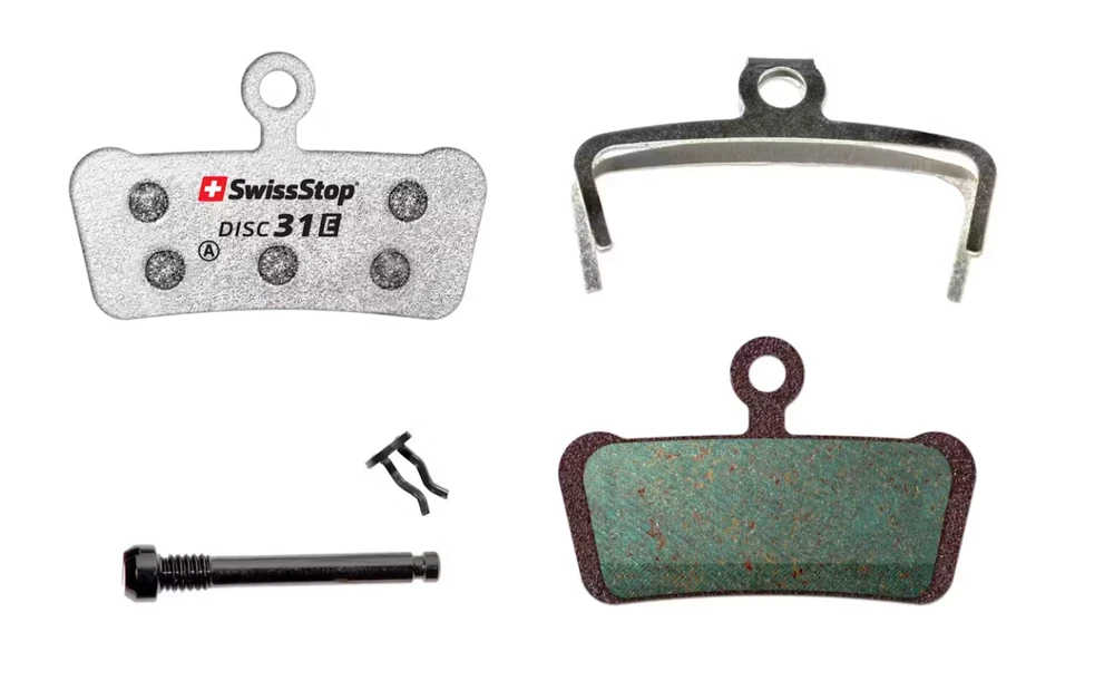 SWISSSTOP diskinių stabdžių kaladėlės: Disc 31 E, Avid XO Trail, Eliksyras 9 Trail, Eliksyras 7 Trail, SRAM G2 Ultimate, G2 RSC, Guide Ultimate, Guide RSC, Guide RS, Guide R,