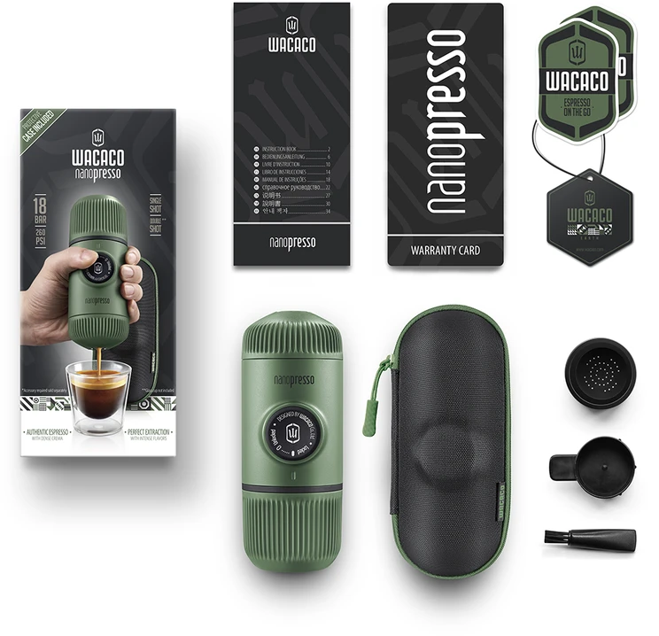 Rankinis maltos kavos aparatas su dėklu Wacaco Nanopresso, Žalias