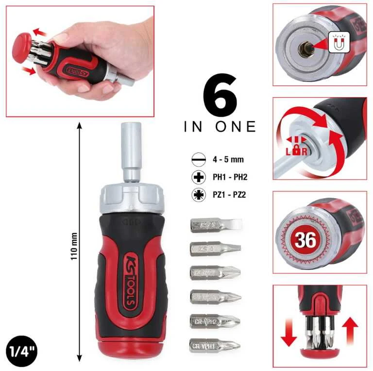 6 in 1 Mini ratchet bit driver, 1/4´´, KS Tools