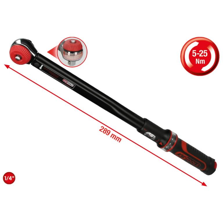 Dinamometrinis raktas su terkšle ERGOTORQUEprecision 1/4" 5-25Nm, KS Tools