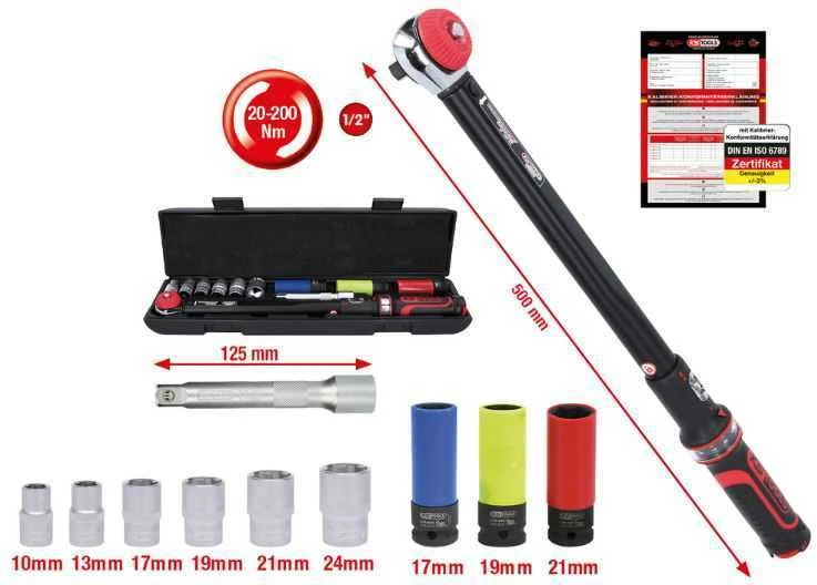 Dinamometrinis raktas, komplektas ERGOTORQUE 1/2´´ 20-200Nm, KS Tools