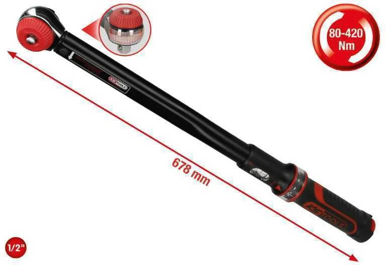 Dinamometrinis raktas su terkšle ERGOTORQUEprecision 1/2" 80-420Nm, KS Tools