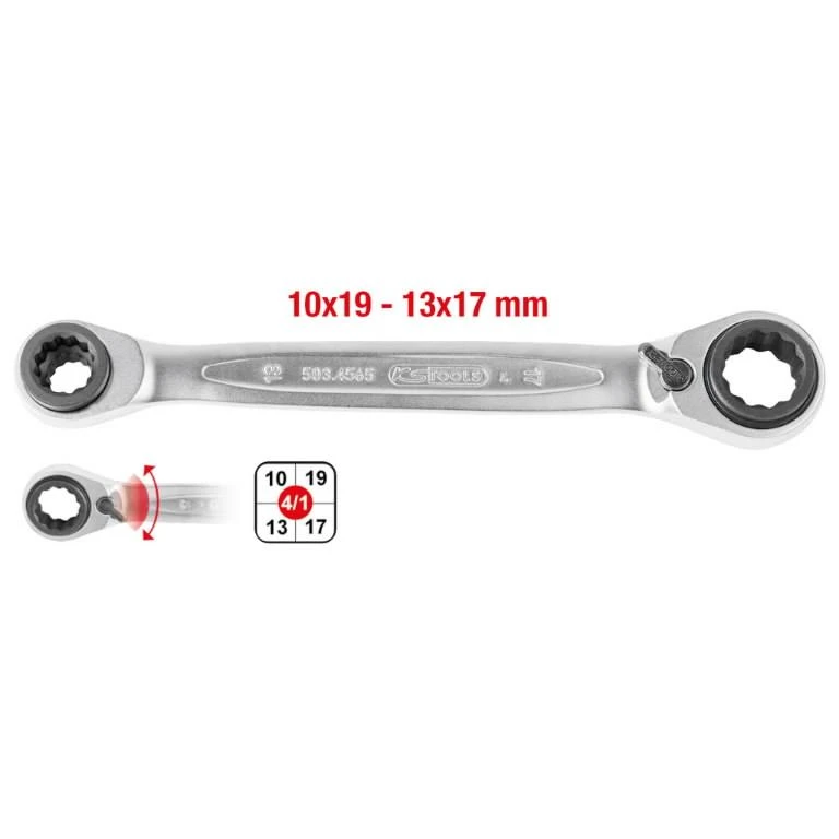 Dvigubas žiedinis terkšlinis raktas su reversu 10x19mm-13x17, KS Tools