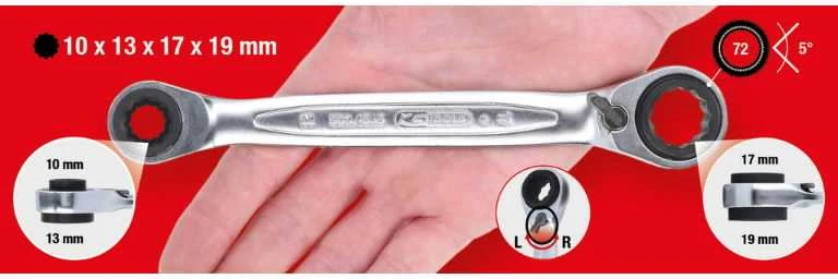 Dvigubas žiedinis terkšlinis raktas su reversu 10x19mm-13x17, KS Tools