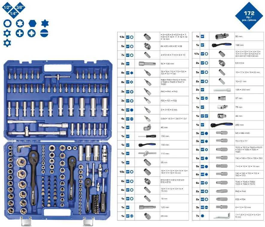 Galvučių komplektas, 172-vnt, 1/4", 3/8", 1/2", Brilliant Tools
