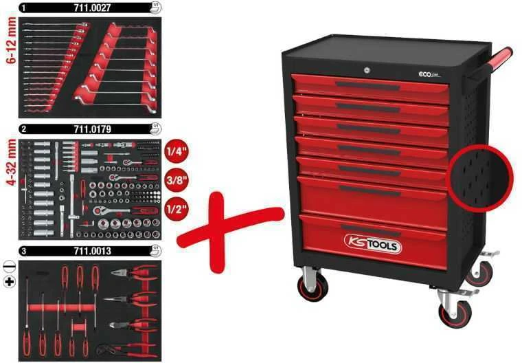 Įrankių vežimėlis ECOline, 7 stalčiai, 215 vnt, KS Tools