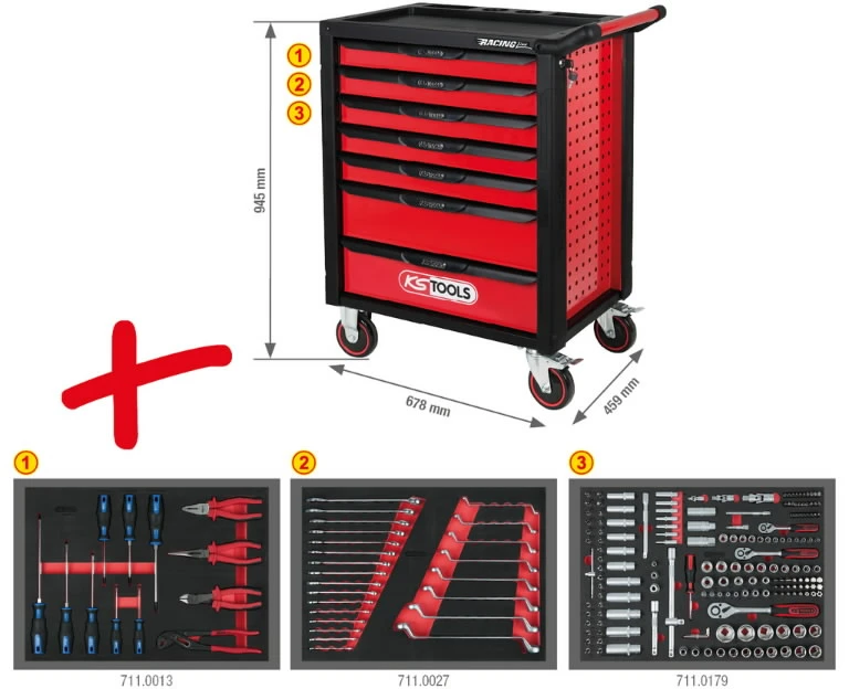 215 dalių įrankių vežimėlis KS TOOLS RACINGline, 7 stalčiai