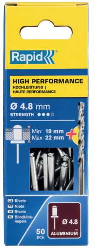 Kniedės aukštos kokybės Al 4,8x25mm 50vnt + Drill C, Rapid