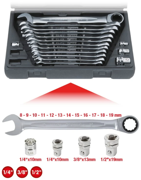 Kombinuotų terkšlinių raktų komplektas su adapteriais 16vnt, KS Tools