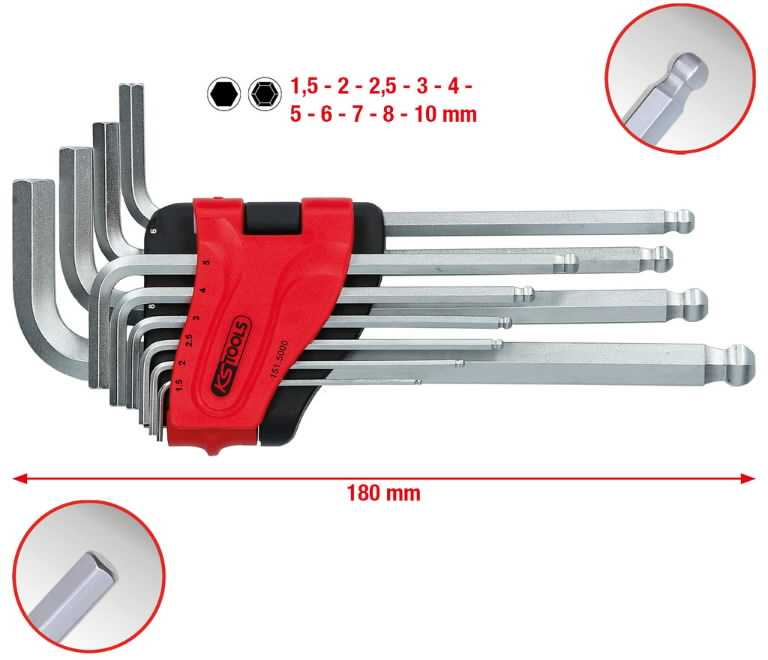 L-raktų šešiakampių komplektas 1,5-10mm, 10vnt, ilgi, KS Tools