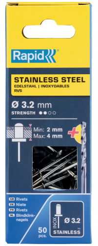 Kniedės Rapid 5000393; 3,2x8 mm; 50 vnt.; nerūdijančio plieno