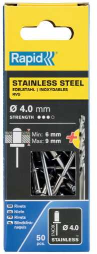Rapid Nerūdijančio plieno kniedės 4x12mm 50 vnt. + grąžtas