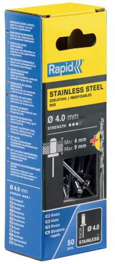 Rapid Nerūdijančio plieno kniedės 4x12mm 50 vnt. + grąžtas