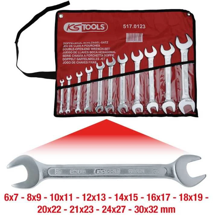 Raktų atvirais galais komplektas, 11vnt, 6x7-30x32mm, KS Tools