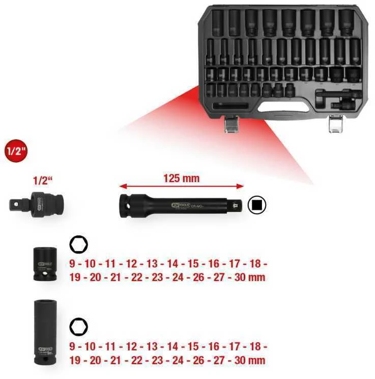 Smūginių galvučių rinkinys 1/2" ilgos ir trumpos 9-30mm 40pcs, KS Tools