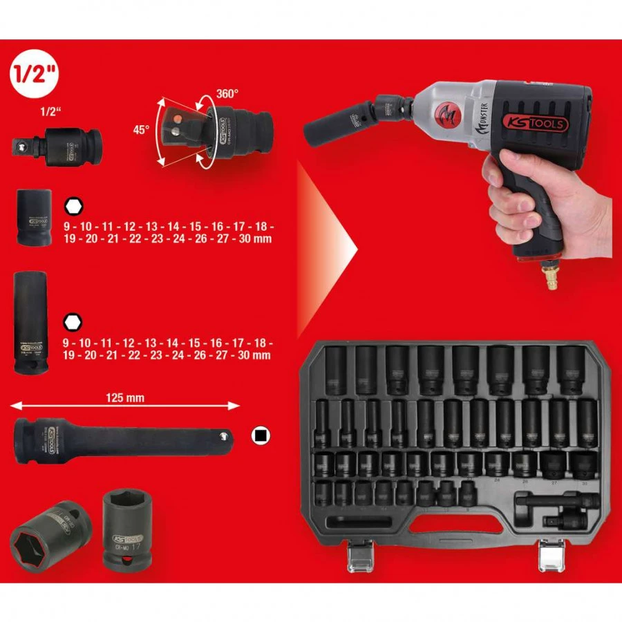 Smūginių galvučių rinkinys 1/2" ilgos ir trumpos 9-30mm 40pcs, KS Tools