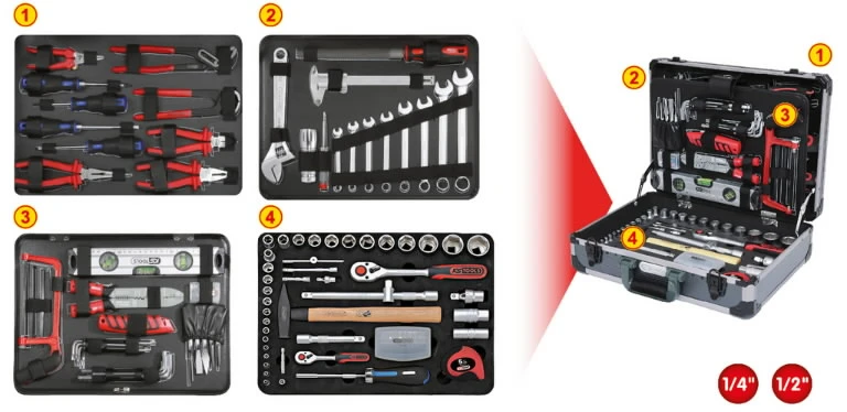 Universalus įrankių komplektas 1/4"+1/2" 127 vnt, KS Tools