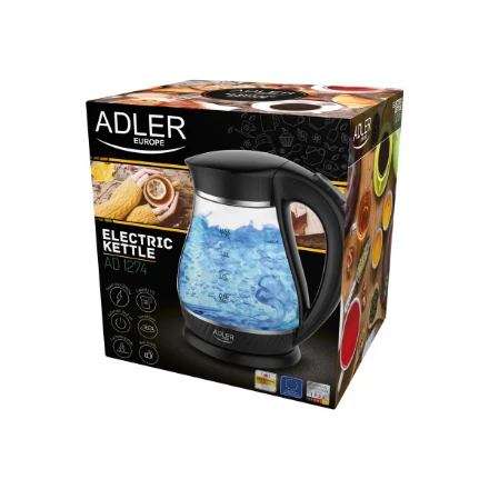 Adler Virdulys AD 1274 Standartinis, Plastikas, stiklas, Juodas/ skaidrus, 2200 W, 360° sukamasis pagrindas, 1,7 L