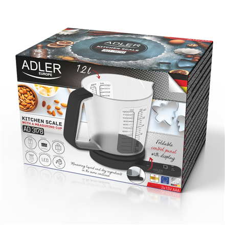 Adler | Virtuvinės svarstyklės with a measuring cup | AD 3178 | Maximum weight (capacity) 5kg | Juodas