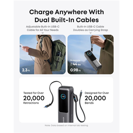 „Anker Zolo“ nešiojama įkroviklis | A1695H11 | 25000 mAh | Integruotas USB-C ir ištraukiamas laidas | Pilkas