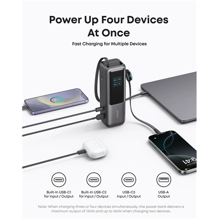 „Anker Zolo“ nešiojama įkroviklis | A1695H11 | 25000 mAh | Integruotas USB-C ir ištraukiamas laidas | Pilkas