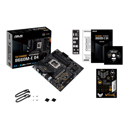 Pagrindinė plokštė Asus TUF GAMING B660M-E D4 Procesorių šeima Intel procesoriaus lizdas LGA1700 DDR4 DIMM Atminties lizdai 4 Palaikomos standžiojo disko sąsajos SATA, M.2 SATA jungčių skaičius 4 Mikroschemų rinkinys Intel B660 microATX