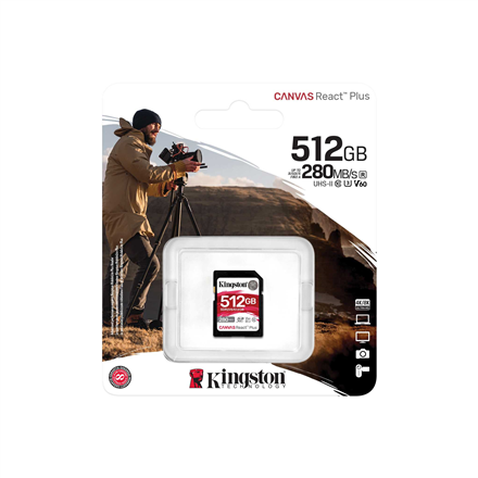 Atminties kortelė Kingston SDXC II V60 React Plus | SDR2V6/512GB | 512 GB | SDXC | Flash atminties klasė Class 10, UHS-II, U3, V60
