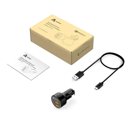 Aukey automobilinis įkroviklis 1.2 prievado (USB A tipo) su greito įkrovimo funkcija 3.0 CC-T8 Juodas