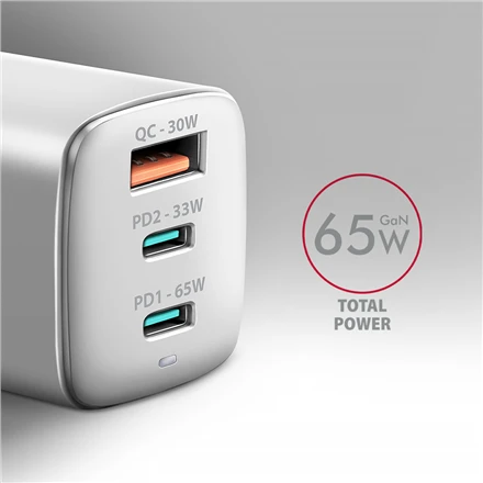 AXAGON GaN sieninis įkroviklis 3x prievadas (USB-A + 2x USB-C), PD3.0/PPS/QC4+/SFC2.0/AFC/SCP/FCP/Apple, 65W | ACU-DPQ65W